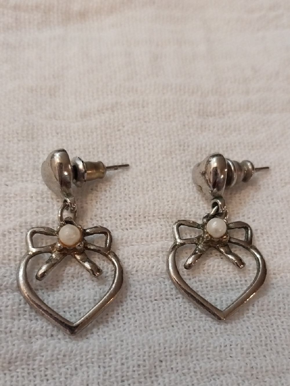 Silver Heart Bow Drop Earrings with Pearl Accent - Women Jewelry